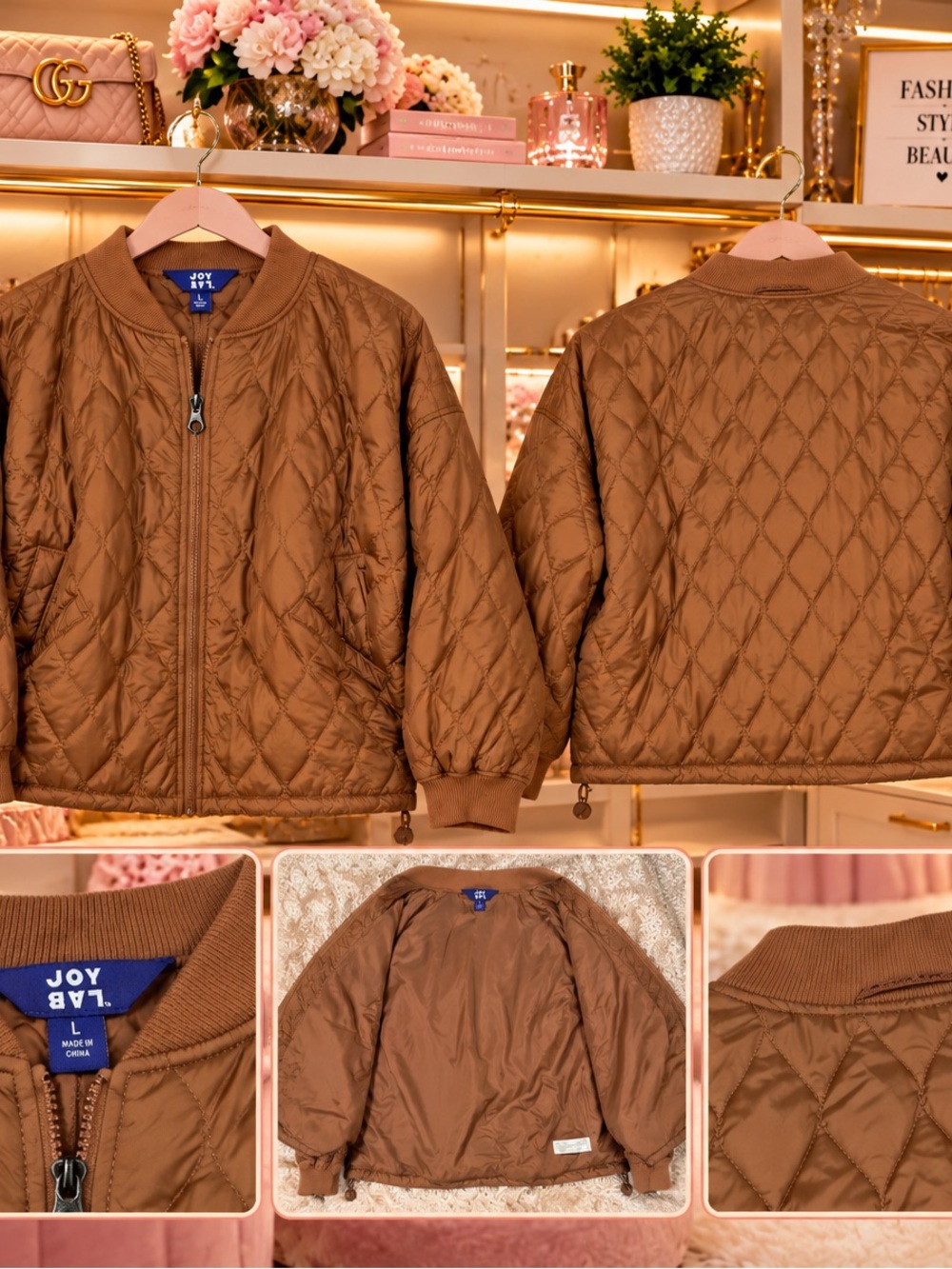 JoyLab Quilted Bomber Jacket in Camel